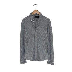 Saks Fifth Avenue Button Down‎ Shirt Women’s Size Large  Grey White Striped Slim